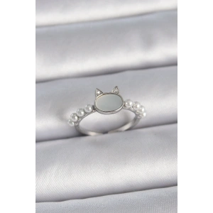 Pirinç Gümüş Renk Ayarlanabilir Beyaz Mineli Kedi Model İnci Detay Kadın Yüzük