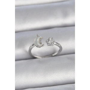 Pirinç Gümüş Renk İncili Hilal Zirkon Taşlı Yıldız Ayarlanabilir Kadın Yüzük