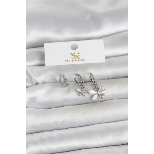 Pirinç Gümüş Renk Kelebek Model 3lü Kadın Küpe