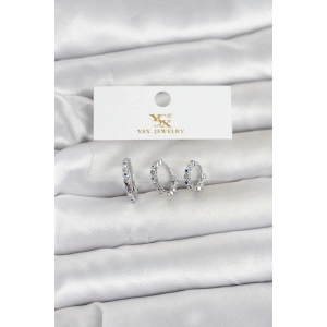 Pirinç Gümüş Renk Nazarlı Model 3lü Kadın Küpe