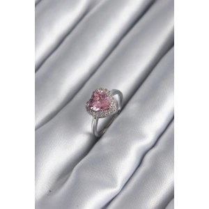 Pirinç Gümüş Renk Pembe Zirkon Taş Kalp Charm Model Kadın Yüzük
