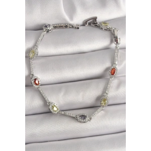 Pirinç Gümüş Renk Renkli Zirkon Taşlı Damla Taş Model Kadın Bileklik