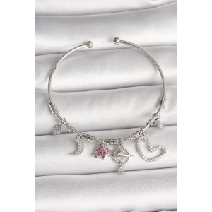 Pirinç Gümüş Renk Sallantı Zirkon Taşlı Gezegen Figür Kalp Detay Charm Kadın Bileklik