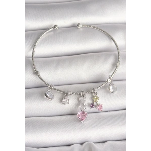 Pirinç Gümüş Renk Sallantı Zirkon Taşlı Kalp Figür Charm Kadın Bileklik