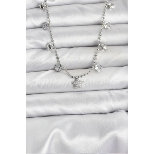 Pirinç Gümüş Renk Yıldız Model Kadın Kolye