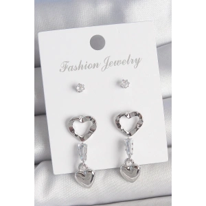 Pirinç Gümüş Renk Zirkon Taş Detaylı Sallantı Model 2 Çift Kadın Küpe Seti