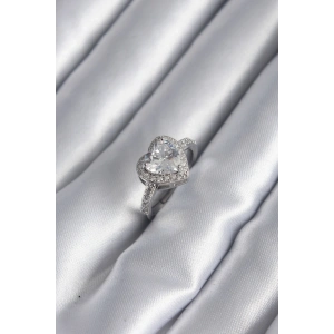 Pirinç Gümüş Renk Zirkon Taş Kalp Charm Model Kadın Yüzük