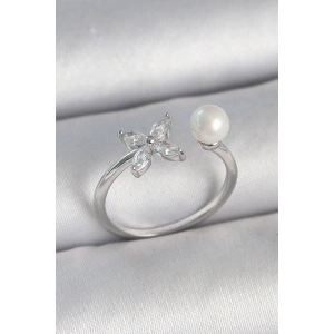 Pirinç Gümüş Renk Zirkon Taşlı Çiçek Model İnci Detay Ayarlanabilir Kadın Yüzük