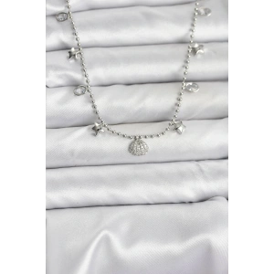 Pirinç Gümüş Renk Zirkon Taşlı Deniz Kabuğu Model Kadın Kolye