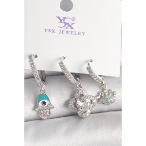 Pirinç Gümüş Renk Zirkon Taşlı Fatma Ana Yonca Figür Göz Detay 3Lü Kadın Kombin Küpe