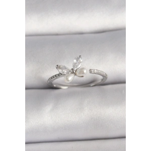 Pirinç Gümüş Renk Zirkon Taşlı Kelebek Model İnci Detaylı Ayarlanabilir Yüzük