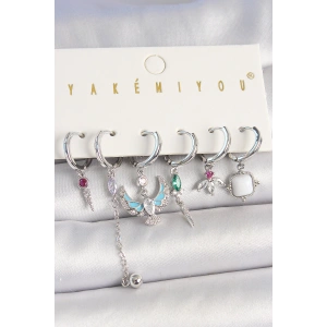 Pirinç Gümüş Renk Zirkon Taşlı Kuş Figür Çiçek Detay 6Lı Kadın Kombin Küpe