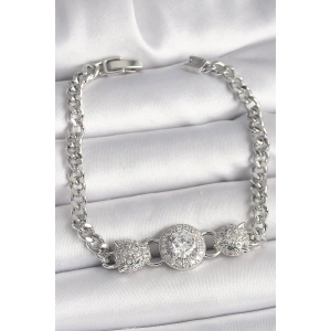 Pirinç Gümüş Renk Zirkon Taşlı Leopar Figür Zincir Model Kadın Bileklik