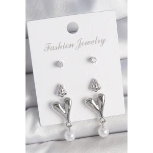 Pirinç Gümüş Renk Zirkon Taşlı Sallantılı Kalp Model 3 Çift Kadın Küpe Seti