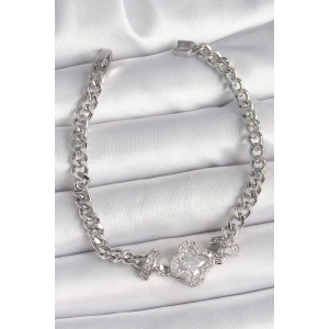 Pirinç Gümüş Renk Zirkon Taşlı Yonca Figür Zincir Model Kadın Bileklik