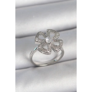 Pirinç Gümüş Renk Zirkon Taşlı Yonca Model Ayarlanabilir Kadın Yüzük