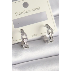 Pirinç Gümüş Renk Zirkon Taşlı Zincir Model Kadın Küpe