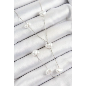 Pirinç İncili Kalp Figürlü Y Model Gümüş Renk Kadın Kolye