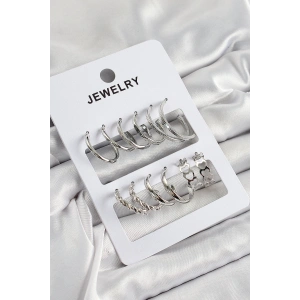 Pirinç Karışık Halka Model Gümüş Renk 6 Çift Kadın Küpe Set