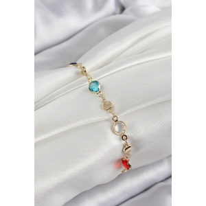 Pirinç Karışık Renk Zirkon Taşlı Gold Renk Kadın Bileklik