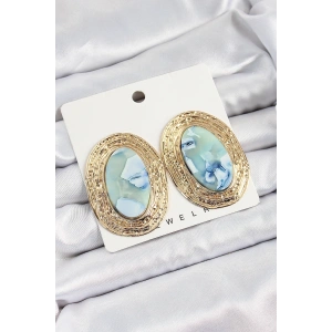 Pirinç Mermer Desenlli Mavi Sedef Oval Vintage Model Gold Renk Kadın Küpe