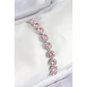 Pirinç Pembe Zirkon Taşlı Daire Baget Model Gümüş Renk VIP Seri Kadın Bileklik