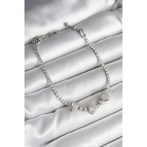 Pirinç Sıralı Kalp Figürlü Zirkon Taşlı Gümüş Renk Kadın Bileklik