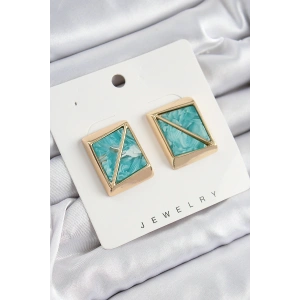Pirinç Turkuaz Üçgen Kesim Detaylı Kare Model Vintage Gold Renk Kadın Küpe