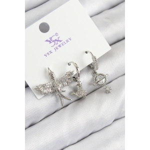 Pirinç Zirkon Taşlı 3lü Kuş Model Gümüş Renk Kadın Küpe