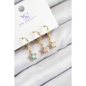 Pirinç Zirkon Taşlı 3lü Renkli Yıldız Model Gold Renk Kadın Küpe