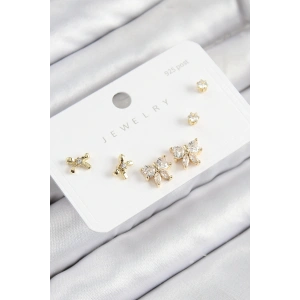 Pirinç Zirkon Taşlı Fiyonk Model Gold Renk 925 Ayar Gümüş Çivi Kadın Küpe Set