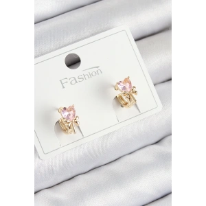 Pirinç Zirkon Taşlı Fiyonklu Kalp Model Gold Renk Çocuk Küpe