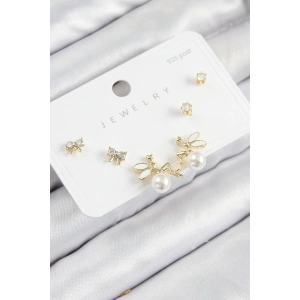 Pirinç Zirkon Taşlı İnci Melek Model Gold Renk 925 Ayar Gümüş Çivi Kadın Küpe Set