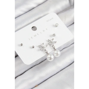 Pirinç Zirkon Taşlı İnci Sallantılı Çiçek Model Gümüş Renk 925 Ayar Gümüş Çivi Kadın Küpe Set