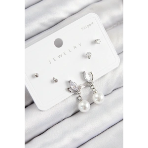 Pirinç Zirkon Taşlı İnci Sallantılı Damla Model Gümüş Renk 925 Ayar Gümüş Çivi Kadın Küpe Set