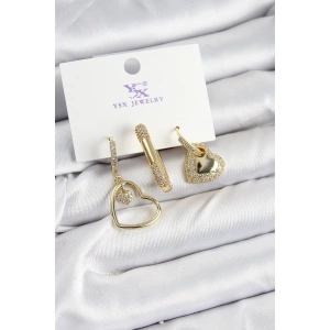 Pirinç Zİrkon Taşlı Kalp Model Gold Renk 3lü Kadın Küpe