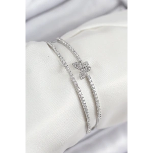 Pirinç Zirkon Taşlı Kelebek Model Gümüş Renk Kadın Bileklik