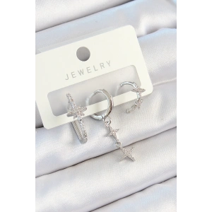 Pirinç Zirkon Taşlı Kelebek Ve Sallantılı Yıldız Model Gümüş Renk 3lü Çift Kadın Küpe Set