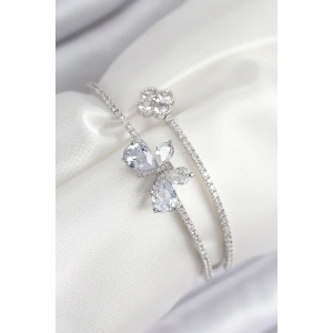 Pirinç Zirkon Taşlı Kelebek Ve Yonca Model Gümüş Renk Kadın Bileklik