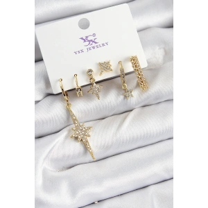 Pirinç Zİrkon Taşlı Kutup Yıldızı Model Gold Renk 3lü Çift Kadın Küpe