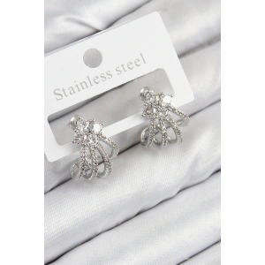 Pirinç Zirkon Taşlı Model Gümüş Renk Kadın Küpe