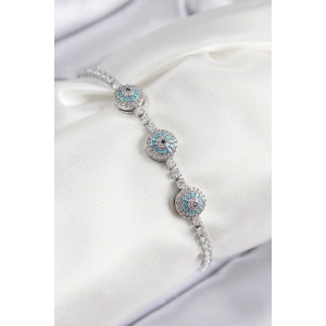 Pirinç Zirkon Taşlı Nazar Model Gümüş Renk Kadın Bileklik