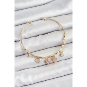 Pirinç Zirkon Taşlı Pembe Kalp Model Gold Renk Charm Bileklik