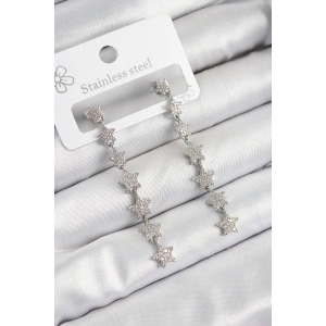 Pirinç Zirkon Taşlı Sallantılı Yıldız Model Gümüş Renk Kadın Küpe