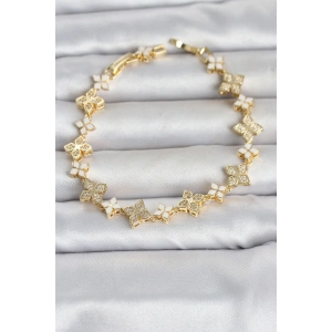 Pirinç Zirkon Taşlı ve Mineli Yonca Model Gold Renk Kadın Bileklik