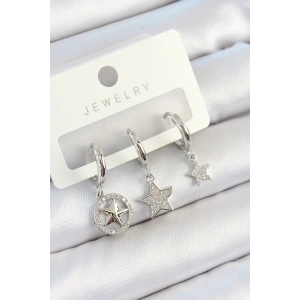 Pirinç Zirkon Taşlı Yıldız Model Gümüş Renk 3lü Çift Kadın Küpe Set