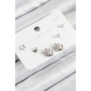 Pirinç Zirkon Taşlı Yıldız Model Gümüş Renk 925 Ayar Gümüş Çivi Kadın Küpe Set