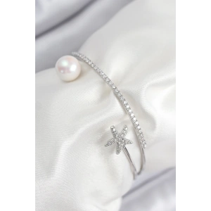Pirinç Zirkon Taşlı Yıldız Ve İnci Model Gümüş Renk Kadın Bileklik
