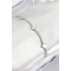 Pirinç Zirkon Taşlı Yonca Model Gümüş Renk Kadın Bileklik