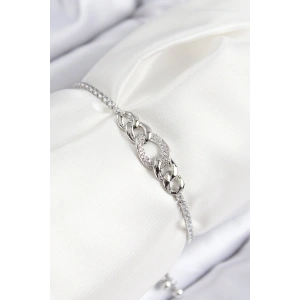 Pirinç Zirkon Taşlı Zincir Model Gümüş Renk Asansörlü Kadın Bileklik